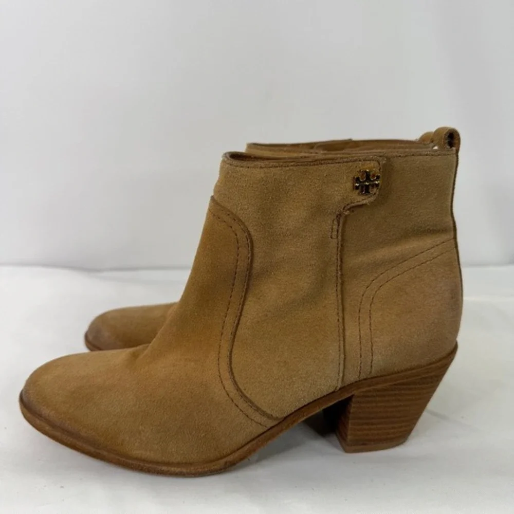 Tory Burch Sabe Tan Suede Ankle Boots Leather Sole Block Heel Brazil 7.5M‎